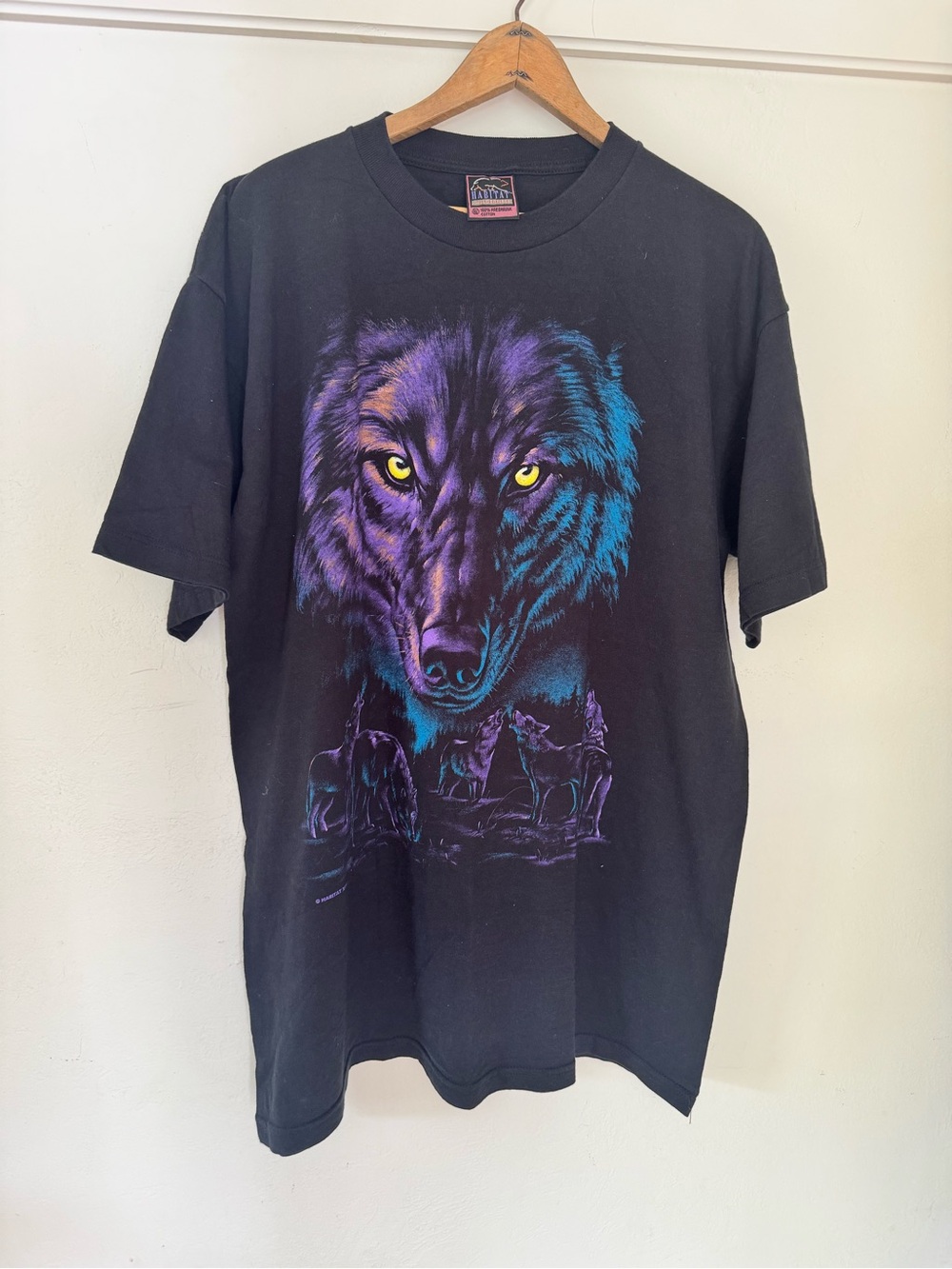 Vintage 1990 Habitat Wilderness Wolf T Shirt XL USA Neon Purple Blue Graphic